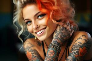 ai generativ. friska tänder och en skön bred leende av en ung blond kvinna med tatueringar på henne ansikte och kropp foto
