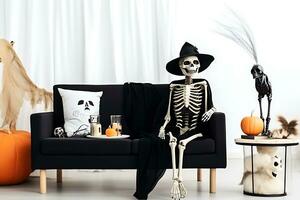halloween dekoration rum interiör. en människostorlek skelett sitter på en soffa i en cape och hatt. ai generativ foto