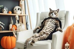 en tabby katt i en skelett kostym sitter i en mänsklig utgör på en vit fåtölj i en dekorerad interiör. ai generativ foto