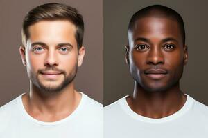 två porträtt i ett Foto. caucasian och afrikansk amerikan man Framställ mot en brun bakgrund i vit t-shirts.. ai generativ foto