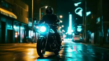 hög hastighet motorcykel ryttare tävlings genom en skön stad på natt. skapas med generativ ai foto