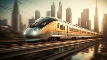 hög hastighet tåg rida med suddig stadsbild i de bakgrund. skapas med generativ ai foto