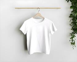 rena och minimal vit t-shirt attrapp på en trä- järnväg. generativ ai foto