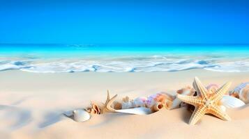 snäckskal på havsstrand - strand semester bakgrund. generativ ai foto