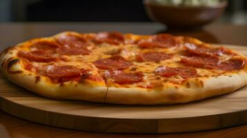 pepperoni pizza på trä- bricka en klassisk och doftande glädje. generativ ai foto