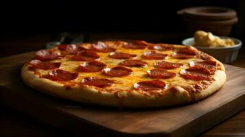 pepperoni pizza på trä- bricka en klassisk och doftande glädje. generativ ai foto