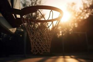 solnedgång basketboll närbild av en basketboll ring i värma kväll ljus. skapas med generativ ai foto