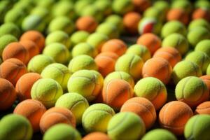 tennis bollar på de domstol. närbild. selektiv fokus. ai generativ foto
