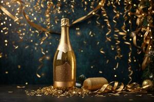flaska av champagne med gyllene konfetti på bokeh bakgrund, ai generativ foto