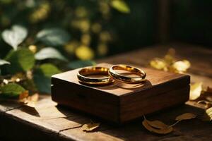 bröllop ringar i trä- låda på rustik trä- tabell. ai generativ foto