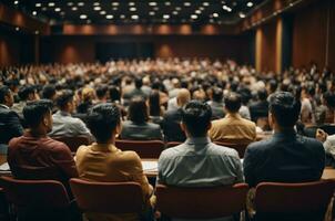 företag och företagande symposium. högtalare ger en prata på företag möte. publik i konferens hall.ai generativ foto