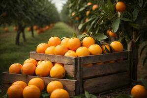 färsk apelsiner i en trä- spjällåda med en suddig bakgrund i ett orange odla, ai generativ foto