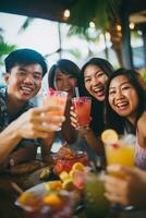grupp av Lycklig vänner njuter cocktails på strand fest resa och sommar semester begrepp, ai generativ foto