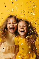 Lycklig flicka med konfetti på gul bakgrund. ai generativ foto