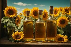 solros olja i glas flaskor med solrosor på trä- bakgrund, ai generativ foto