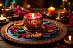 diwali eller deepavali - lera diya lampor belyst under diwali firande i Indien. ai generativ foto