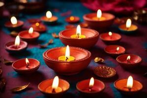 diwali eller deepavali - lera diya lampor belyst under diwali firande i Indien. ai generativ foto