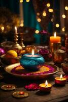 diwali eller deepavali - lera diya lampor belyst under diwali firande i Indien. ai generativ foto