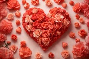 hjärta tillverkad av skön blommor på Färg bakgrund. hjärtans dag firande, ai generativ foto