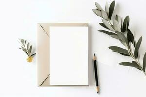 brevpapper skrivbordet mock-up scen, washi tejp med oliv gren på vit tabell bakgrund. skapas med generativ ai foto