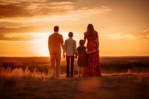 Lycklig familj tittar på solnedgång tillsammans föräldrar med son och dotter njuter natur. generativ ai foto