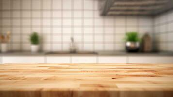 tömma trä- tabell topp på suddig kök disken bakgrund - folklig och mysigt. skapas med generativ ai foto