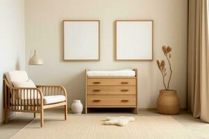 modern levande rum med trä- möbel ai genererad foto