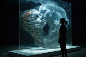 ung kvinna ser på ett utomjording huvud i en museum. 3d tolkning, mänsklig snäll, förbi refik anadol, ai genererad foto