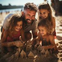 Lycklig föräldrar och barn byggnad sandslott på de strand foto