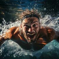 energisk skott av en simmare tävlings genom de vatten tycka om en torped foto