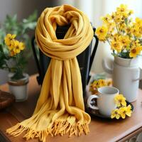 ljus och glad gul blommor i en mysigt sticka scarf foto