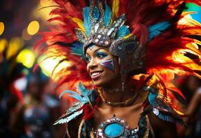 ai generativ en vibrerande samling av bilder fångande de energi och spänning av Brasiliens karneval och samba kultur från färgrik kostymer och masker foto