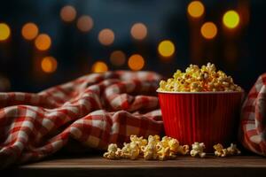 Hem film natt scen med popcorn och mjuk kastar bakgrund med tömma Plats för text foto