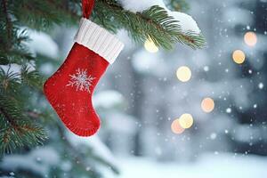 jul strumpa hängande på de träd. generativ ai. foto