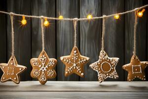 pepparkaka stjärnor och snöflingor hemlagad småkakor hängande på en sträng. jul bakverk. ai genererad. foto