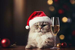 fluffig söt katt i santa claus hatt med en glas av champagne. jul och ny år firande begrepp. ai genererad. foto