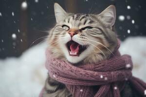 rolig katt i i en värma stickat scarf på en vinter- snöig dag med kopia Plats. ai genererad. foto