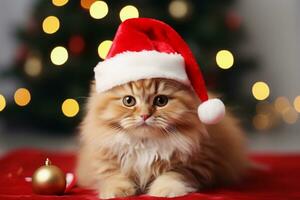 fluffig söt kattunge i santa claus hatt i främre av jul träd. jul och ny år firande begrepp. ai genererad. foto