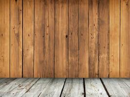 tömma trä- tabell topp med brun vägg och golv bakgrund. foto