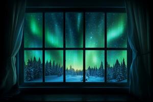 se av de grön nordlig lampor i de vinter- skog från de fönster. aurora borealis. ai genererad. foto