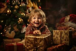 Lycklig liten pojke uppackning gåvor på de jul träd. jul och ny år firande. ai genererad. foto