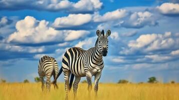 zebrorna graciös närvaro i de vild mitt i frodig grönska, vilda djur och växter natur. generativ ai foto