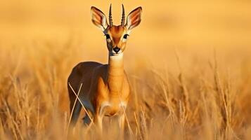 steenbok, raphicerus campestris, djur- på de äng. rådjur i de vild afrika. solnedgång kväll ljus, vilda djur och växter scen från natur. generativ ai foto