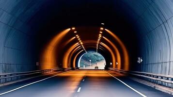 en motorväg väg tunnel lyser med bil strålkastare genomträngande de mörker, generativ ai foto