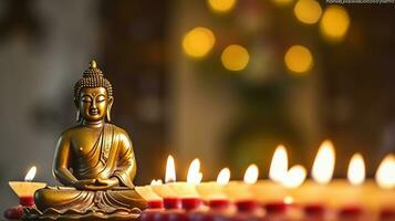 fattande buddha och ljus i religiös hängivenhet. generativ ai foto