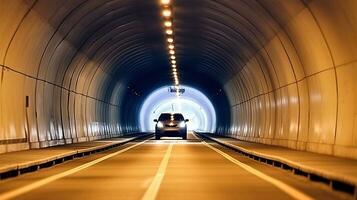 motorväg väg tunnel med bil ljus, generativ ai foto