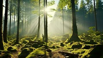 dimmig morgon- bland de åldrig träd av de skog. generativ ai foto