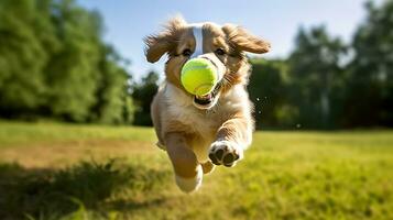hund valp löpning spela boll i de gräs fält, generativ ai foto