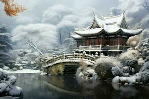 orientalisk Kina hus vinter- gård. generera ai foto