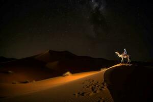 kamel mitt i öken- mörker natt. generera ai foto